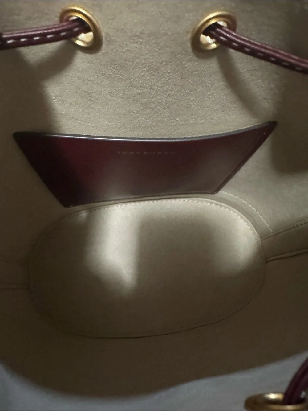 Tory Burch Leather Drawstring Bucket Bag with Gold Hardware in Huckleberry Color